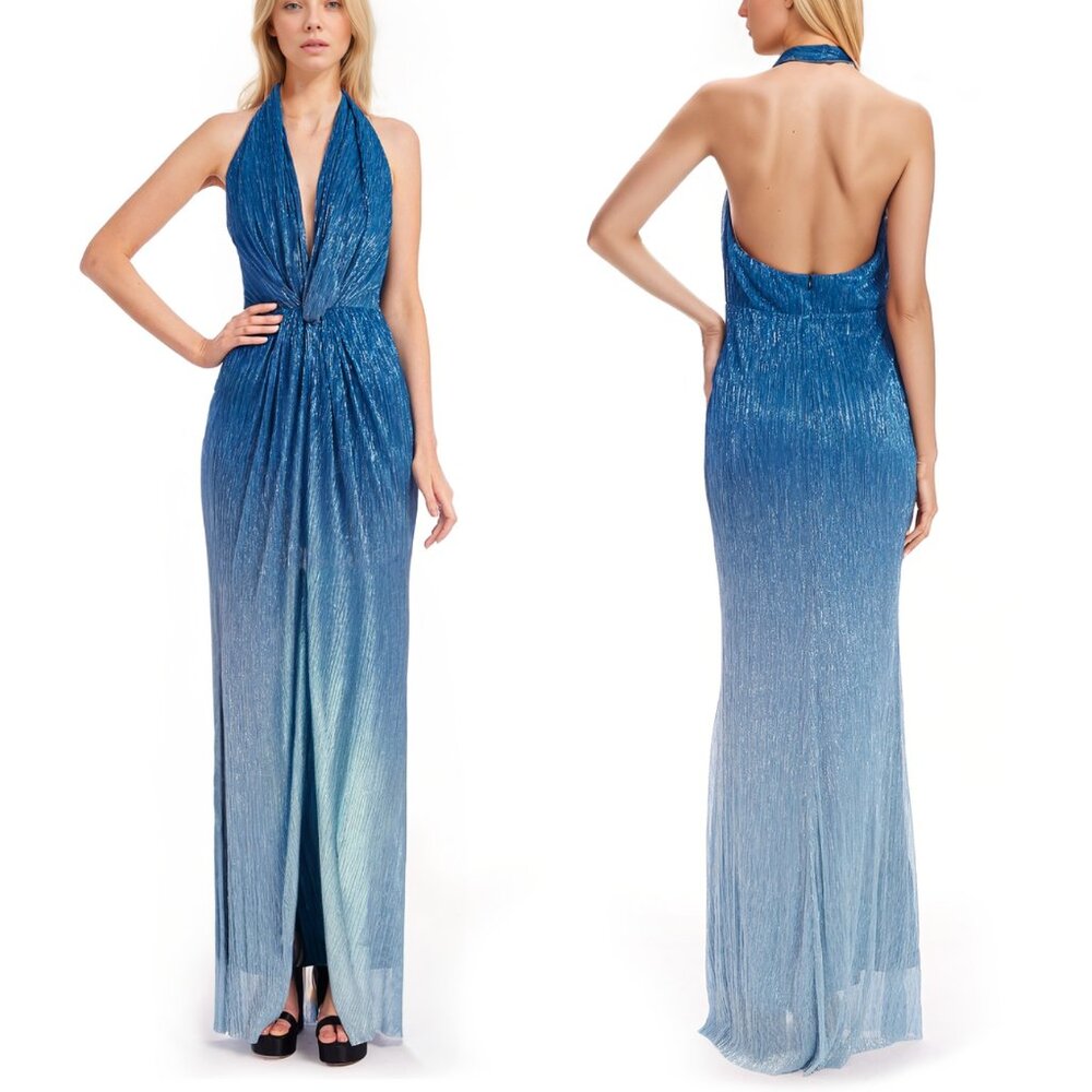 NWT Jewel Badgley Mischka Ombre Shimmering Halter Gown - Multi Blue 2
